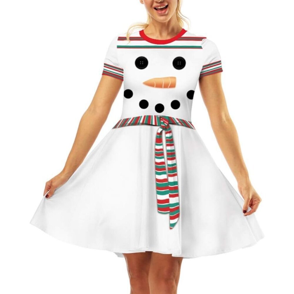 Women's Ugly Christmas Santa Dress 2 Snowman Holiday Print Dress For Party Xmas
